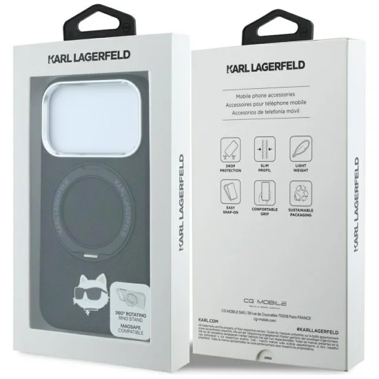 Калъф за iPhone 17 Pro - Leather Ring Stand 360 C Pin MagSafe (KLHMP18LPSRSCHHK) - Karl Lagerfeld - Черен