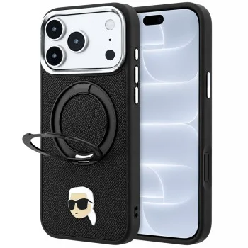 Калъф за телефон за iPhone 18 Pro / iPhone 17 Pro Leather Ring Stand 360 K Pin MagSafe (KLHMP18LPSRSKLHK) - Karl Lagerfeld - Черен