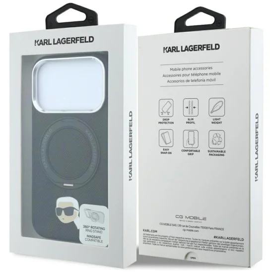 Калъф за iPhone 17 Pro - Leather Ring Stand 360 K Pin MagSafe (KLHMP18LPSRSKLHK) - Karl Lagerfeld - Черен