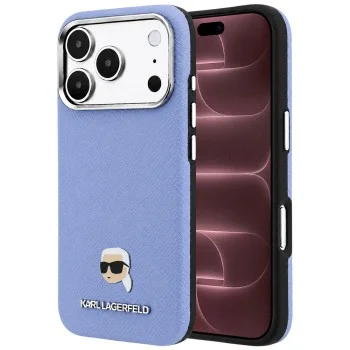 Калъф за телефон за iPhone 18 Pro Max / iPhone 17 Pro Max Grained Leather KH Metal MagSafe (KLHMP18X6PSKHLB) - Karl Lagerfeld - Светлосин