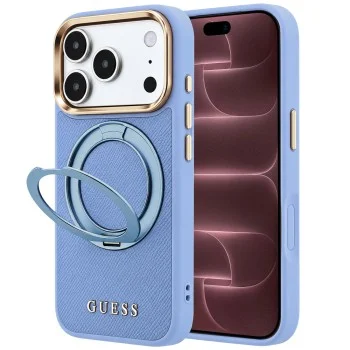 Калъф за iPhone 17 Pro Max - Grained Leather Ring Stand 360 Classic Logo MagSafe (GUHMP18X6PSGRSCLB) - Guess - Светло син