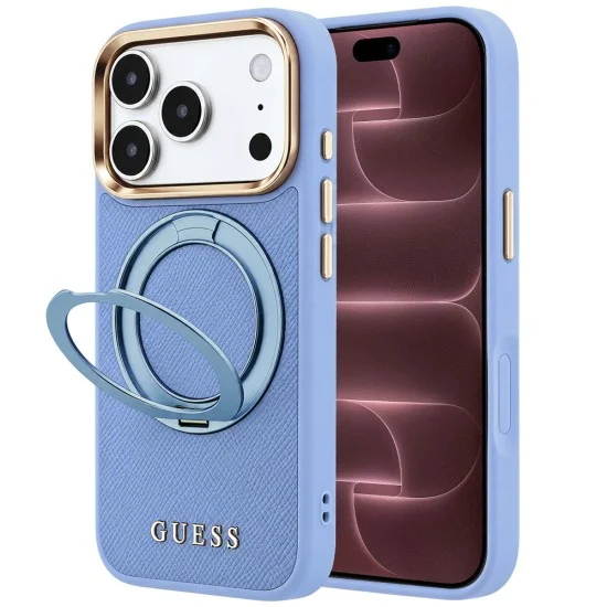 Калъф за iPhone 17 Pro Max - Grained Leather Ring Stand 360 Classic Logo MagSafe (GUHMP18X6PSGRSCLB) - Guess - Светло син