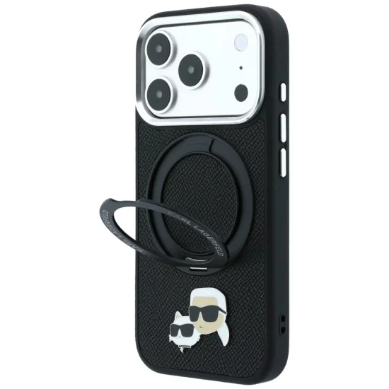 Калъф за iPhone 17 Pro Max - Leather Ring Stand 360 KC Pin MagSafe (KLHMP18XPSRSKCHK) - Karl Lagerfeld - Черен