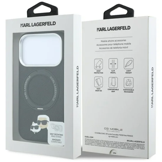 Калъф за iPhone 17 Pro Max - Leather Ring Stand 360 KC Pin MagSafe (KLHMP18XPSRSKCHK) - Karl Lagerfeld - Черен
