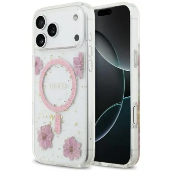 Калъф за телефон за iPhone 18 Pro Max / iPhone 17 Pro Max Resin Flowers and Glitter MagSafe (GUHMP18XRBFGFGMP) - Guess - Розов