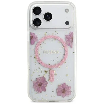 Калъф за телефон за iPhone 18 Pro Max / iPhone 17 Pro Max Resin Flowers and Glitter MagSafe (GUHMP18XRBFGFGMP) - Guess - Розов