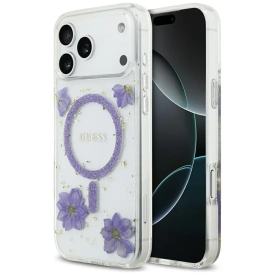 Калъф за iPhone 17 Pro Max - Resin Flowers and Glitter MagSafe (GUHMP18XRBFGFGMU) - Guess - Лилав