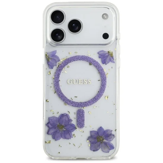 Калъф за iPhone 17 Pro Max - Resin Flowers and Glitter MagSafe (GUHMP18XRBFGFGMU) - Guess - Лилав