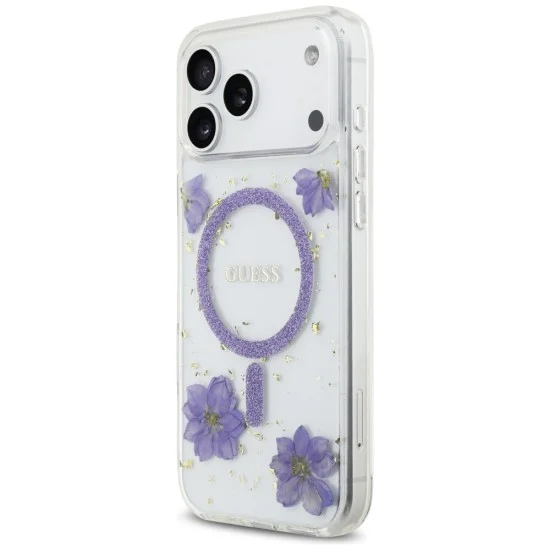 Калъф за iPhone 17 Pro Max - Resin Flowers and Glitter MagSafe (GUHMP18XRBFGFGMU) - Guess - Лилав