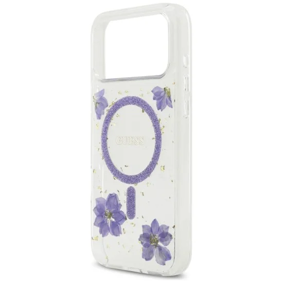 Калъф за iPhone 17 Pro Max - Resin Flowers and Glitter MagSafe (GUHMP18XRBFGFGMU) - Guess - Лилав