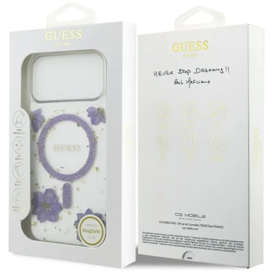 Калъф за iPhone 17 Pro Max - Resin Flowers and Glitter MagSafe (GUHMP18XRBFGFGMU) - Guess - Лилав