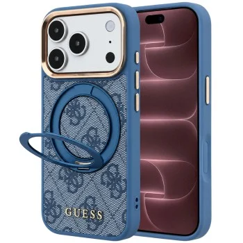 Калъф за телефон за iPhone 18 Pro Max / iPhone 17 Pro Max Ring Stand 360 4G Leather Classic Logo MagSafe (GUHMP18X6PS4RSCLB) - Guess - Син