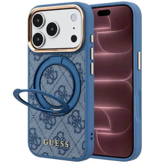 Калъф за iPhone 17 Pro Max - Ring Stand 360 4G Leather Classic Logo MagSafe (GUHMP18X6PS4RSCLB) - Guess - Син