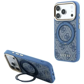 Калъф за телефон за iPhone 18 Pro Max / iPhone 17 Pro Max Ring Stand 360 4G Leather Classic Logo MagSafe (GUHMP18X6PS4RSCLB) - Guess - Син