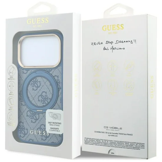 Калъф за iPhone 17 Pro Max - Ring Stand 360 4G Leather Classic Logo MagSafe (GUHMP18X6PS4RSCLB) - Guess - Син