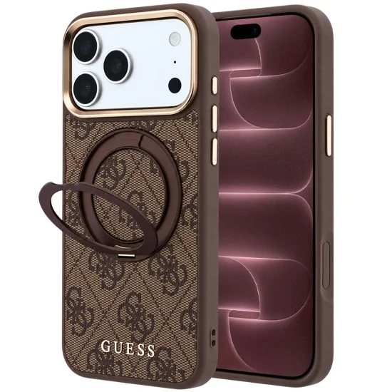 Калъф за iPhone 17 Pro Max - Ring Stand 360 4G Leather Classic Logo MagSafe (GUHMP18X6PS4RSCLW) - Guess - Кафяв