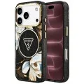 Калъф за iPhone 17 Pro Max - IML Metal Glitter Flowers Triangle MagSafe (GUHMP18XHFLPEDK) - Guess - Черен