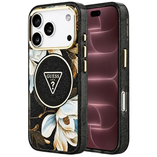 Калъф за iPhone 17 Pro Max - IML Metal Glitter Flowers Triangle MagSafe (GUHMP18XHFLPEDK) - Guess - Черен