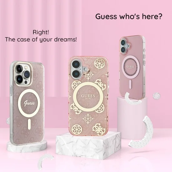 Калъф за iPhone 17 Pro Max - IML Metal Glitter Flowers Triangle MagSafe (GUHMP18XHFLPEDK) - Guess - Черен