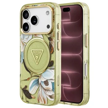 Калъф за iPhone 17 Pro Max - IML Metal Glitter Flowers Triangle MagSafe (GUHMP18XHFLPEDN) - Guess - Зелен