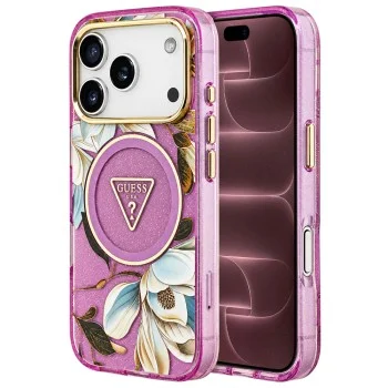 Калъф за iPhone 17 Pro Max - IML Metal Glitter Flowers Triangle MagSafe (GUHMP18XHFLPEDU) - Guess - Лилав