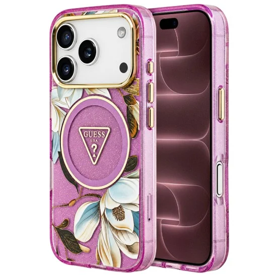 Калъф за iPhone 17 Pro Max - IML Metal Glitter Flowers Triangle MagSafe (GUHMP18XHFLPEDU) - Guess - Лилав