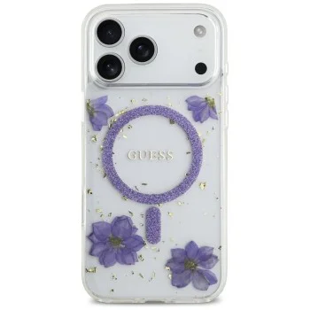 Калъф за телефон за iPhone 18 Pro / iPhone 17 Pro Resin Flowers and Glitter MagSafe (GUHMP18LRBFGFGMU) - Guess - Лилав
