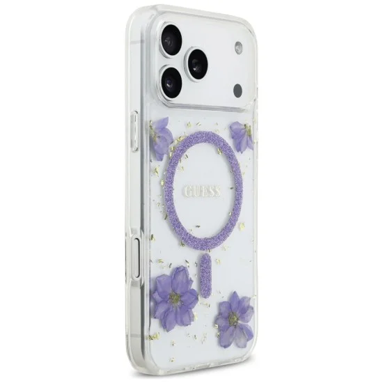 Калъф за iPhone 17 Pro - Resin Flowers and Glitter MagSafe (GUHMP18LRBFGFGMU) - Guess - Лилав