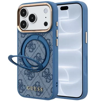 Калъф за телефон за iPhone 18 Pro / iPhone 17 Pro Ring Stand 360 4G Leather Classic Logo MagSafe (GUHMP18L6PS4RSCLB) - Guess - Син