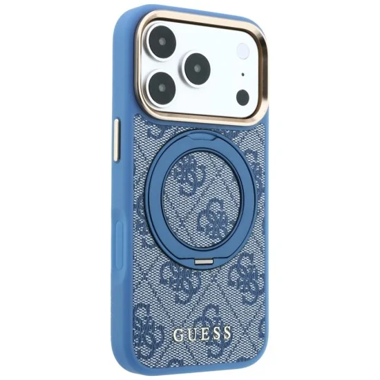 Калъф за iPhone 17 Pro - Ring Stand 360 4G Leather Classic Logo MagSafe (GUHMP18L6PS4RSCLB) - Guess - Син