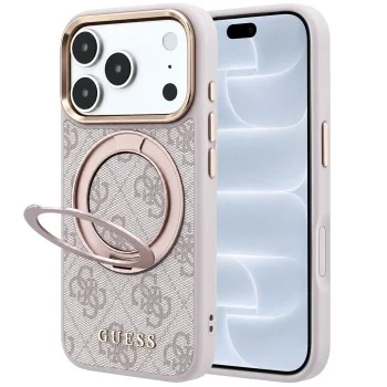 Калъф за телефон за iPhone 18 Pro / iPhone 17 Pro Ring Stand 360 4G Leather Classic Logo MagSafe (GUHMP18L6PS4RSCLP) - Guess - Розов