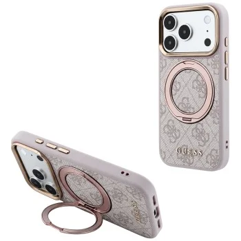 Калъф за телефон за iPhone 18 Pro / iPhone 17 Pro Ring Stand 360 4G Leather Classic Logo MagSafe (GUHMP18L6PS4RSCLP) - Guess - Розов