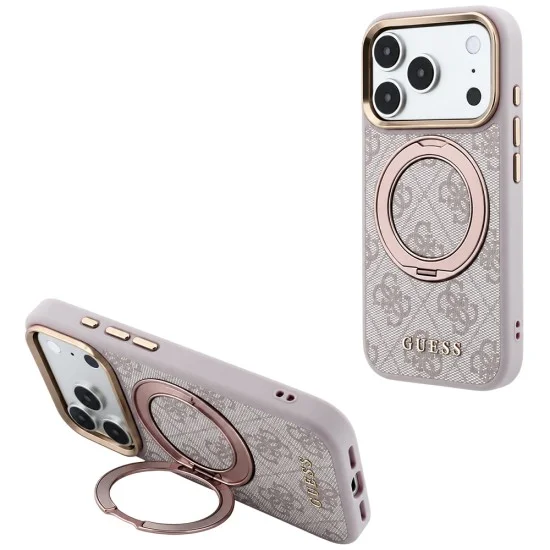 Калъф за iPhone 17 Pro - Ring Stand 360 4G Leather Classic Logo MagSafe (GUHMP18L6PS4RSCLP) - Guess - Розов