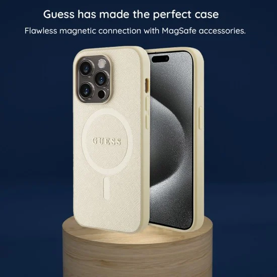 Калъф за iPhone 17 Pro - Saffiano Peony & Ring MagSafe (GUHMP18LPSAMSECE) - Guess - Бежов