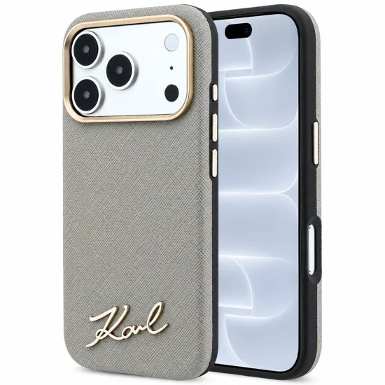 Калъф за iPhone 17 Pro - Saffiano Small Script Metal Logo MagSafe (KLHMP18L6PWSKSE) - Karl Lagerfeld - Сиво-кафяв