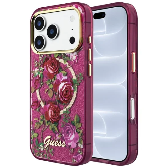 Калъф за iPhone 17 Pro - IML Glitter Blossom Roses MagSafe (GUHMP18L6HTBGSLU) - Guess - Бордо