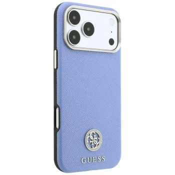 Калъф за iPhone 18 Pro Max / iPhone 17 Pro Max - Grained Leather Round Strass Logo MagSafe (GUHMP18X6PSRMDEB) - Guess - Светло син