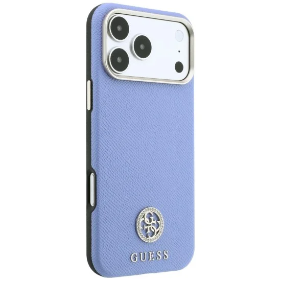 Калъф за iPhone 18 Pro Max / iPhone 17 Pro Max - Grained Leather Round Strass Logo MagSafe (GUHMP18X6PSRMDEB) - Guess - Светло син