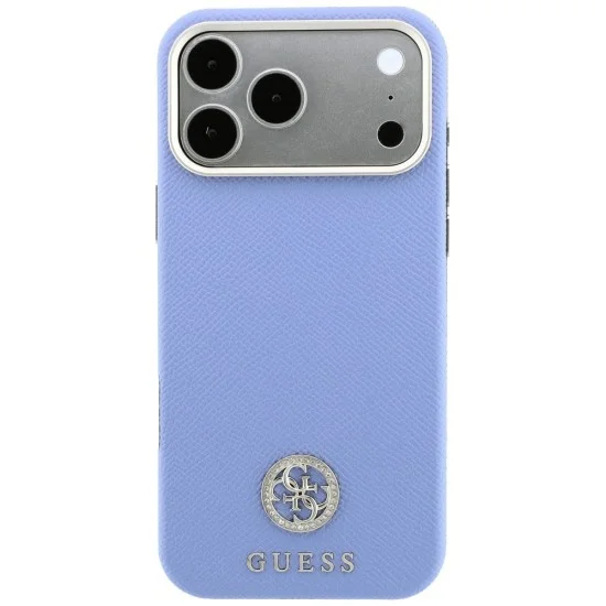 Калъф за iPhone 18 Pro Max / iPhone 17 Pro Max - Grained Leather Round Strass Logo MagSafe (GUHMP18X6PSRMDEB) - Guess - Светло син