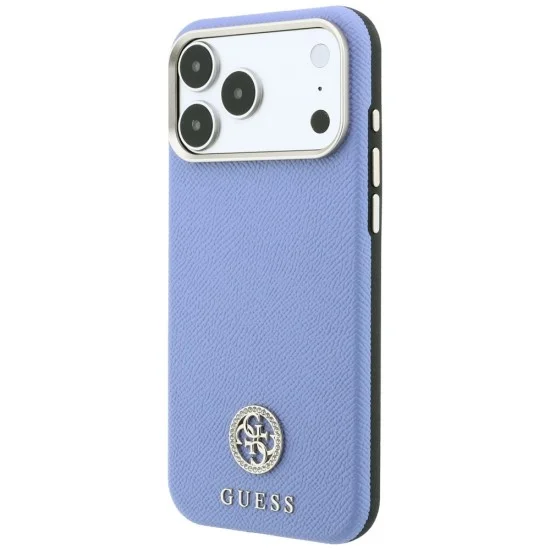 Калъф за iPhone 18 Pro Max / iPhone 17 Pro Max - Grained Leather Round Strass Logo MagSafe (GUHMP18X6PSRMDEB) - Guess - Светло син