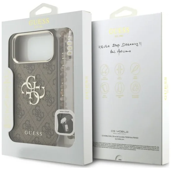 Калъф за iPhone 18 Pro Max / iPhone 17 Pro Max - Hardcase 4G Classic Logo with Strap (GUHCP18XP4GMGSCW) - Guess - Кафяв
