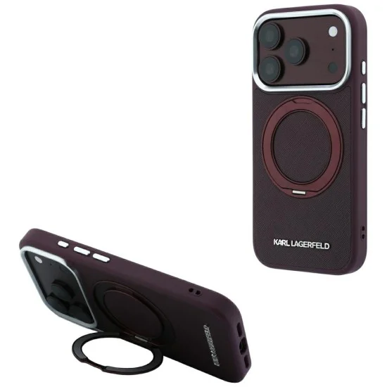 Калъф за iPhone 18 Pro Max / iPhone 17 Pro Max - Saffiano Ring Stand 360° Classic Logo (KLHMP18X6PSARSKMR) - Karl Lagerfeld - Бордо