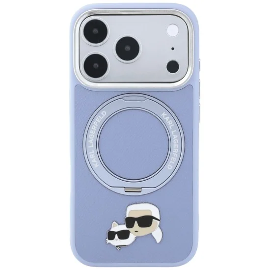 Калъф за iPhone 18 Pro Max / iPhone 17 Pro Max - Saffiano Ring Stand 360° KC Heads Pin (KLHMP18XPSRSKCHB) - Karl Lagerfeld - Светло син