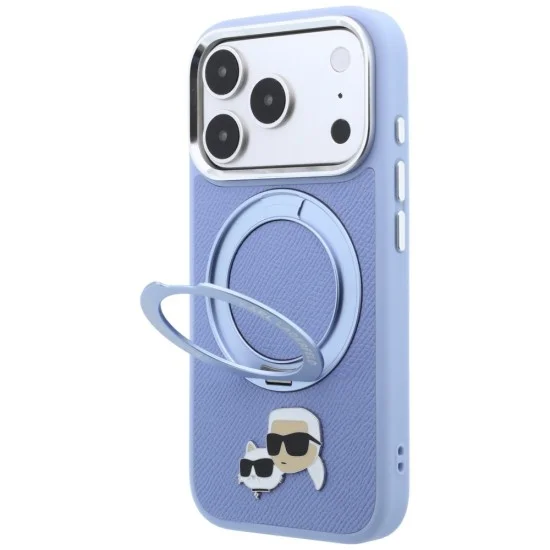 Калъф за iPhone 18 Pro Max / iPhone 17 Pro Max - Saffiano Ring Stand 360° KC Heads Pin (KLHMP18XPSRSKCHB) - Karl Lagerfeld - Светло син