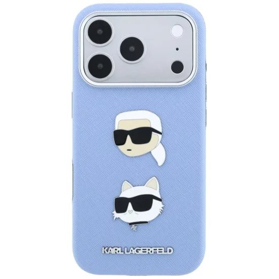 Калъф за iPhone 18 Pro Max / iPhone 17 Pro Max - Saffiano with K&C Heads Pins and Logo (KLHCP18XPSWFDHPB) - Karl Lagerfeld - Светло син
