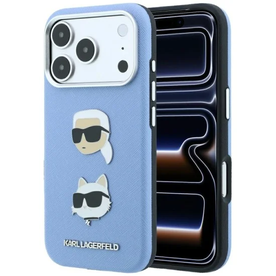Калъф за iPhone 18 Pro Max / iPhone 17 Pro Max - Saffiano with K&C Heads Pins and Logo (KLHCP18XPSWFDHPB) - Karl Lagerfeld - Светло син