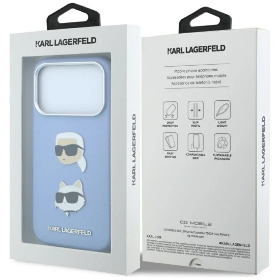 Калъф за iPhone 18 Pro Max / iPhone 17 Pro Max - Saffiano with K&C Heads Pins and Logo (KLHCP18XPSWFDHPB) - Karl Lagerfeld - Светло син