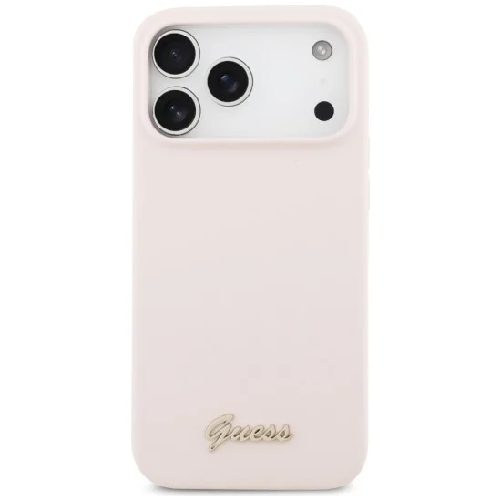 Калъф за iPhone 18 Pro Max / iPhone 17 Pro Max - Silicone Script Metal Logo MagSafe (GUHMP18XSMBSLP) - Guess - Розов