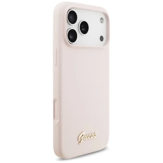 Калъф за iPhone 18 Pro Max / iPhone 17 Pro Max - Silicone Script Metal Logo MagSafe (GUHMP18XSMBSLP) - Guess - Розов