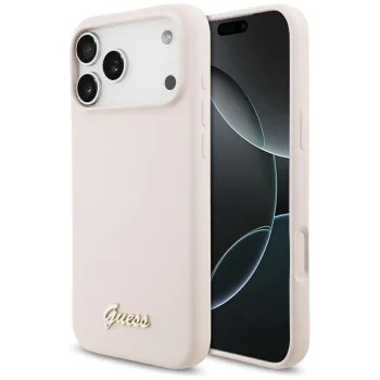 Калъф за iPhone 18 Pro Max / iPhone 17 Pro Max - Silicone Script Metal Logo MagSafe (GUHMP18XSMBSLP) - Guess - Розов